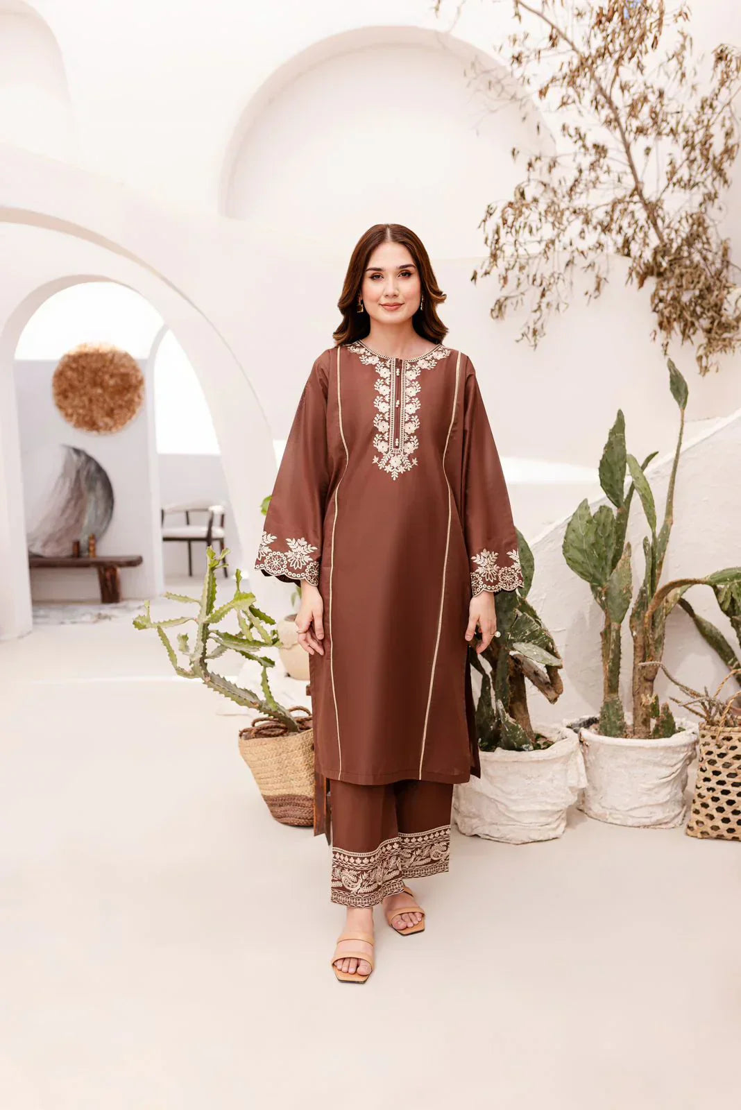 Brown Embroidered Dress - 2pcs