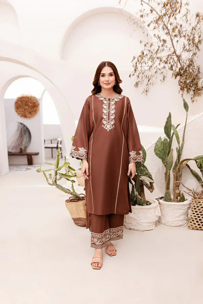Brown Embroidered Dress - 2pcs