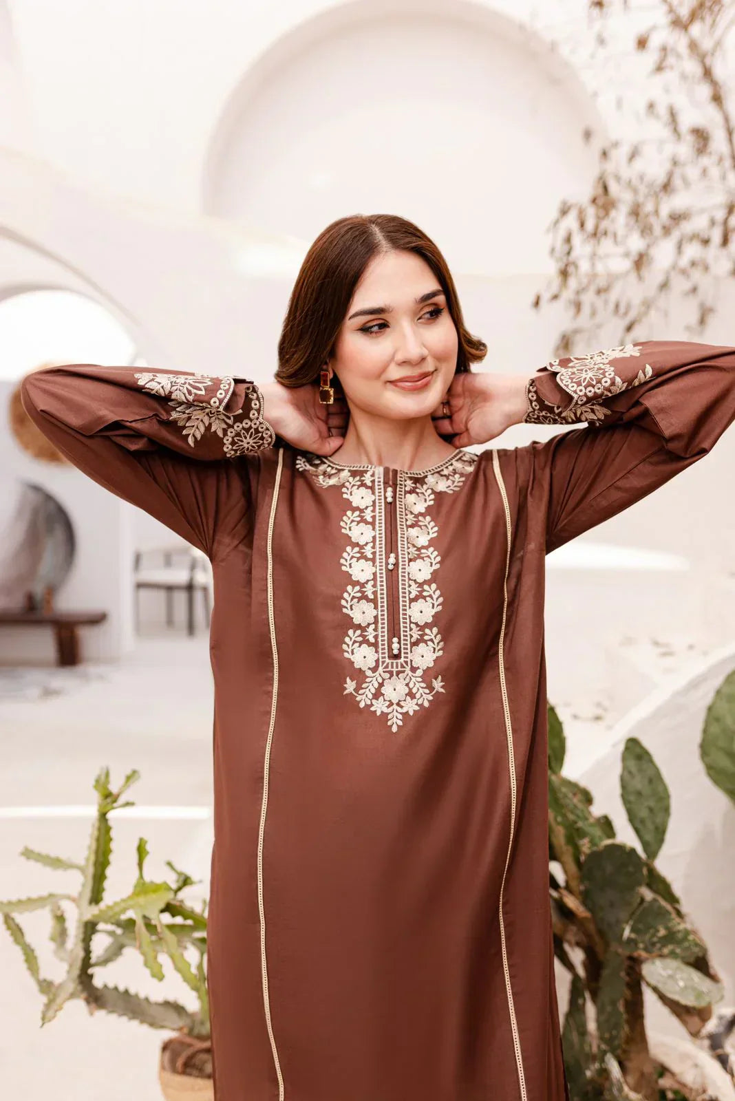 Brown Embroidered Dress - 2pcs