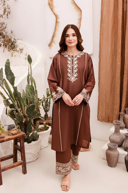 Brown Embroidered Dress - 2pcs